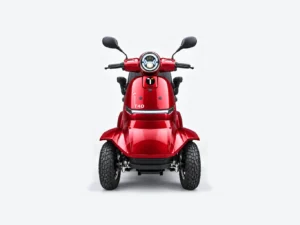 E-TORS T40 scootmobiel in rood, vooraanzicht, op een lichtgrijze studioachtergrond.