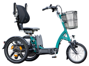 van raam easy go scootmobielfiets in de kleur lichtblauw zijaanzicht van de fiets ebike gelderland