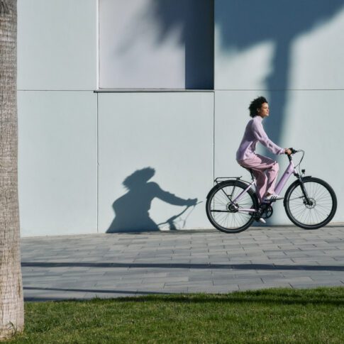 roze tenways buiten op straat met een stukje gras en een palmboom sfeerbeeld ebike gelderland