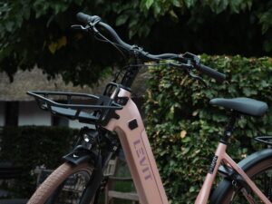 Levit BELECO Sports lowstep Woodrose schuin van voren, met voordrager en verende voorvork.