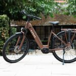 Mocchabruin frame, voorvork en voorwiel met schijfrem van de Levit Beleco Luxury lowstep.